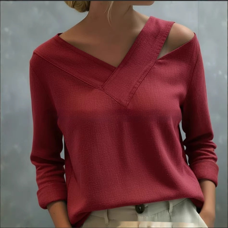 Elegant Off-the-shoulder V-neck Solid-color Long-sleeve Top