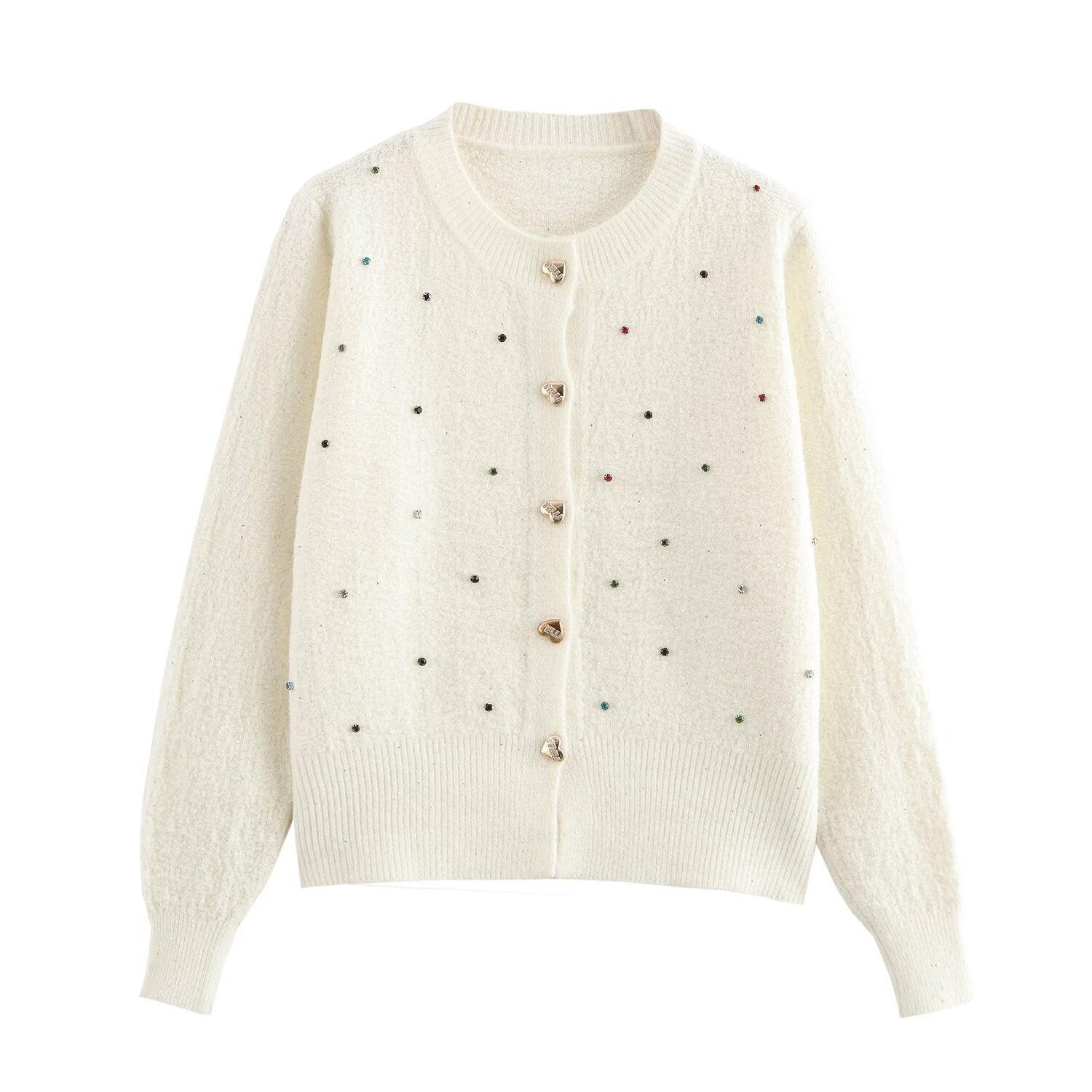 European And American Style Fashion Sequin Colorful Crystals Love Button Knitted Cardigan Jacket