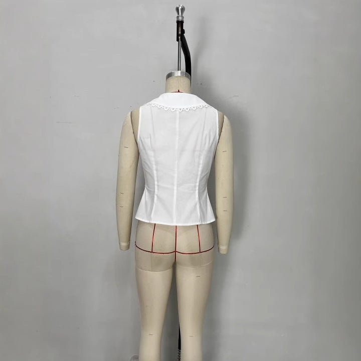 White Lace-trimmed Elegant Women's Slim-fit Sleeveless Top