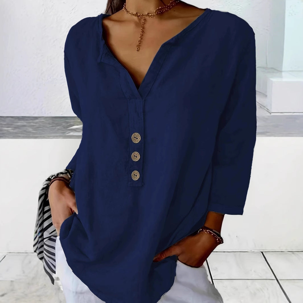 Solid Color Notched Collar Shirt Casual Button Shirt