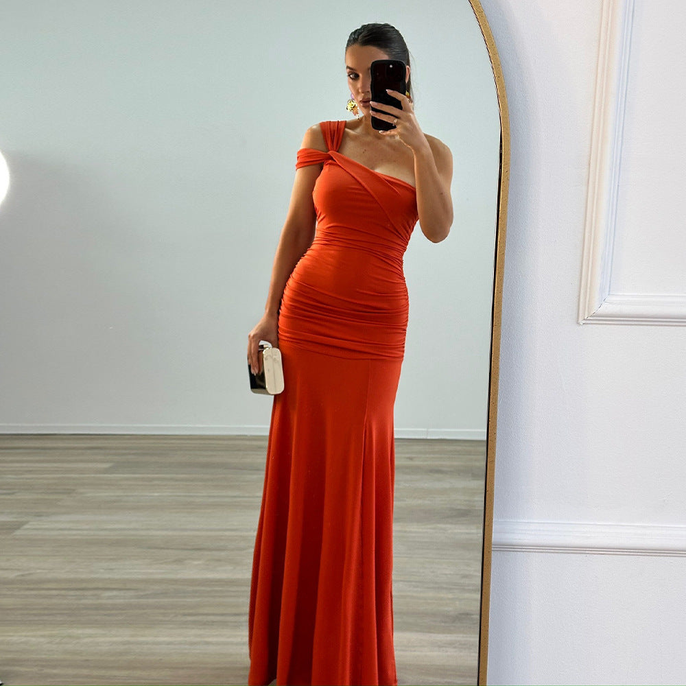 Solid Color Sexy Oblique Shoulder Pleated Side Slit Slim Fit Dress