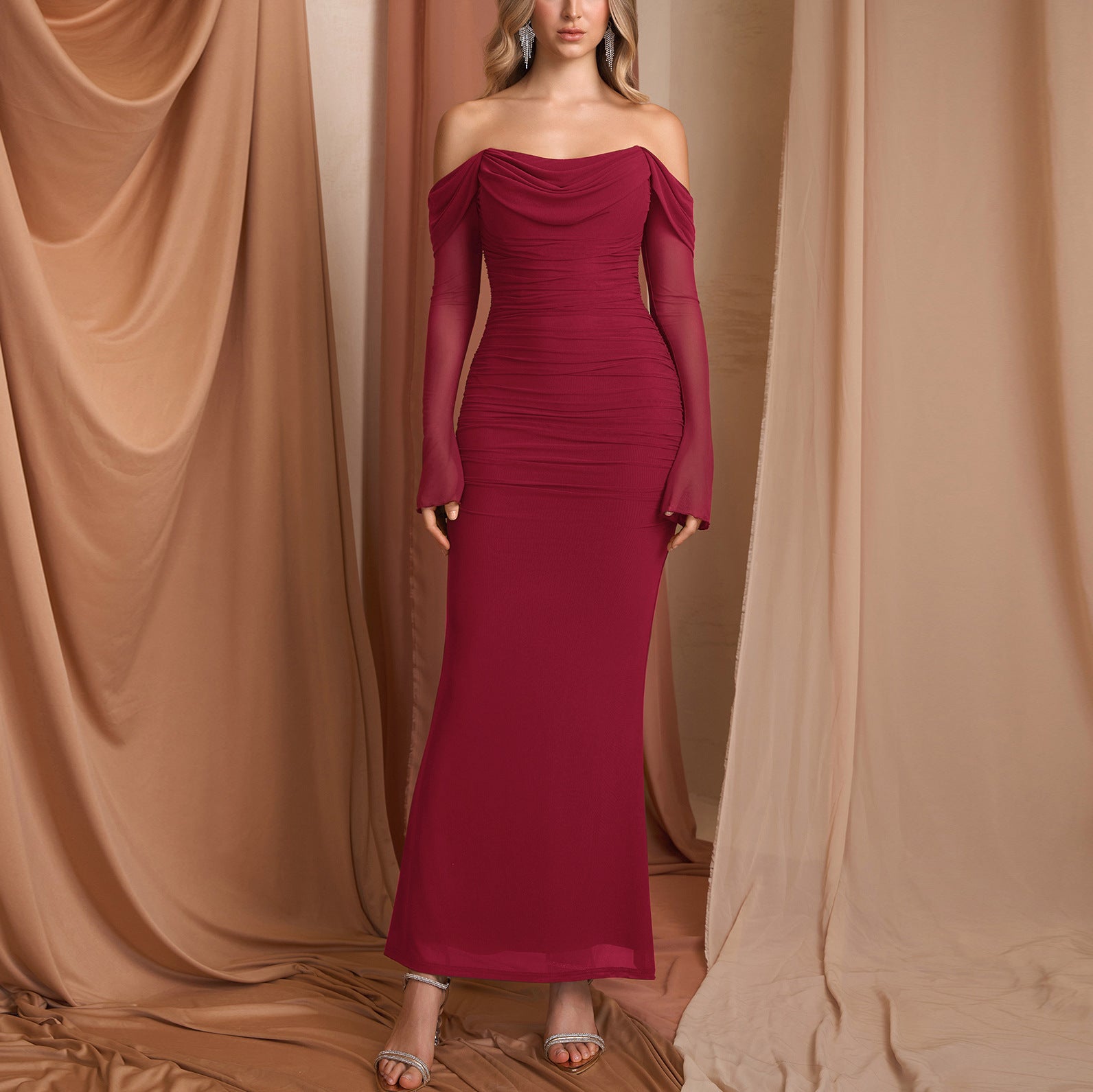 Mesh Sheer Long-sleeve Dress Sexy Open Back