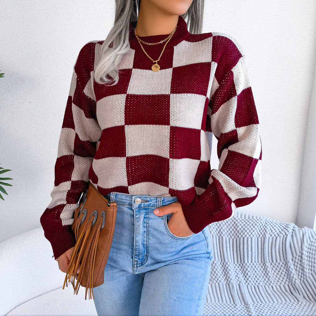 Street Style Color Block Plaid Long Sleeve Pullover Knit Sweater