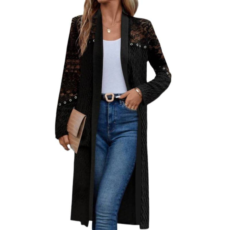 Solid Color Lace Hollow-Out Long Coat