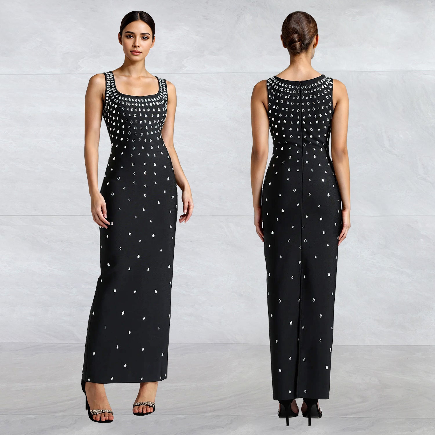 Rhinestone U-neck Sleeveless Sheath Tight Dress