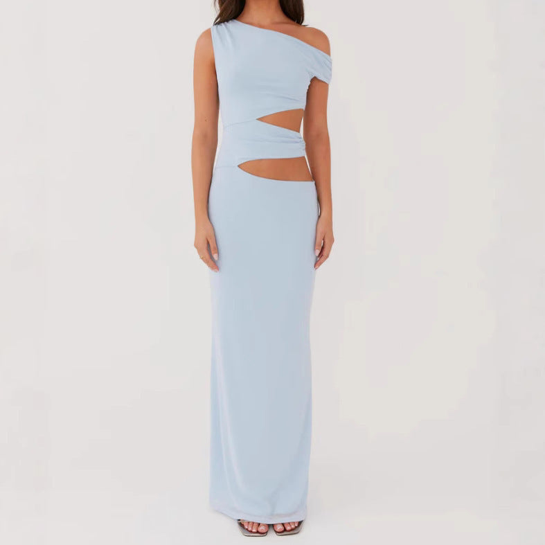 Solid Color Sloping Shoulder Dress Women's Summer Hollow-out Midriff Sheath Dress