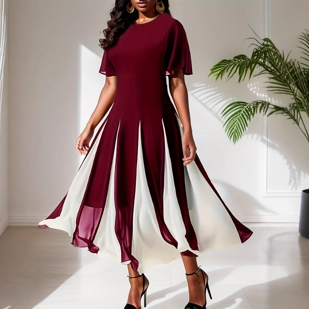 Contrast-color Chiffon Stitching Round Neck Short-sleeved Large Swing Dress Spring And Summer Women's Clothing