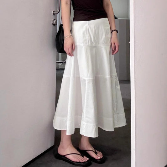 Women's White High Waisted Spliced Cotton Mid Length Skirt