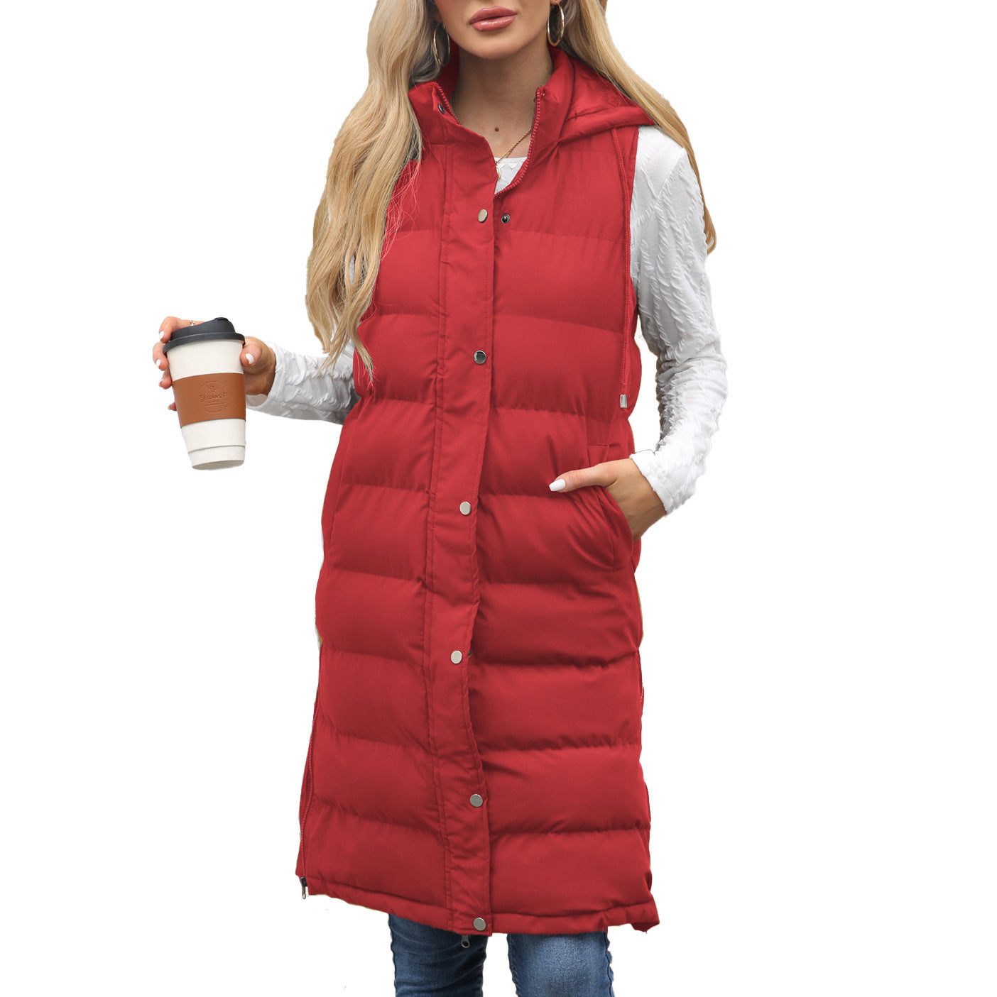 Ladies Hooded Sleeveless Zipper Cotton Padded Thickened