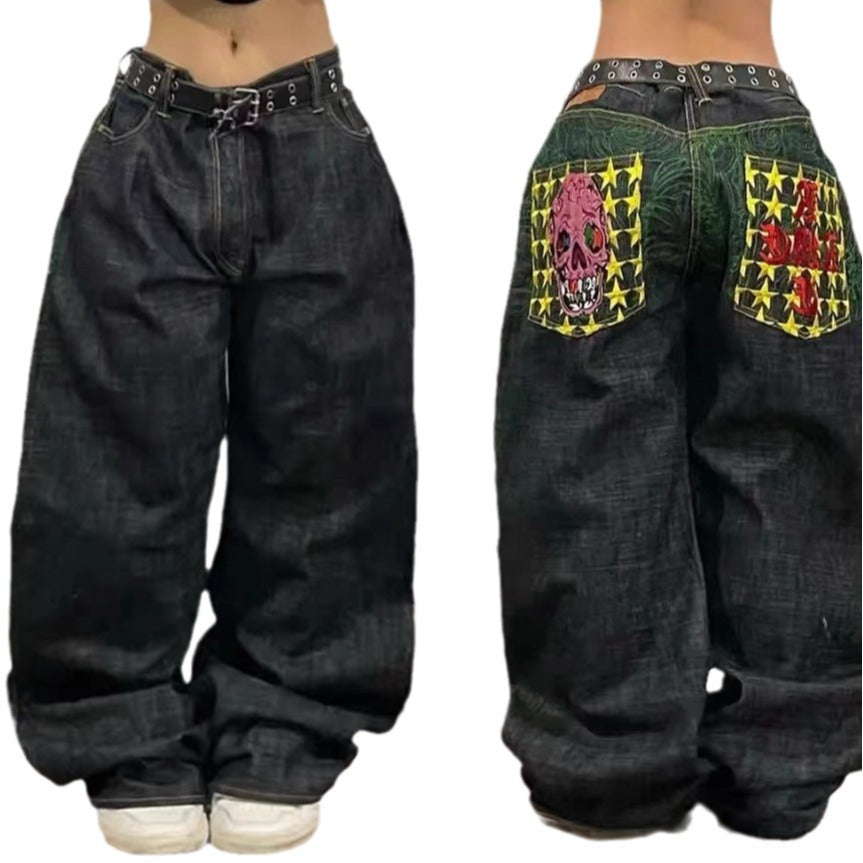 American High Street Personalized Patterns Loose Straight Wide Leg Jeans