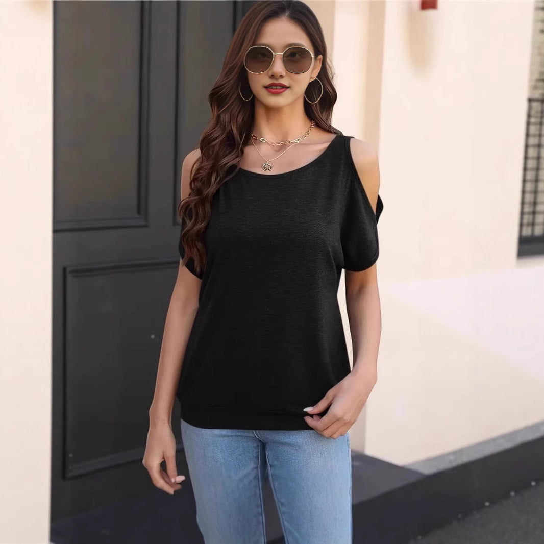 Relaxed-fit Casual Off-shoulder Crew-neck T-shirt