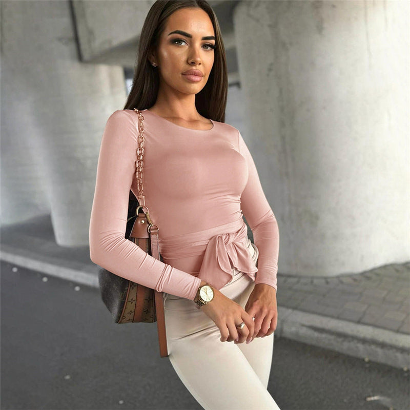 Round Neck Commute Style All-match Tight Slimming Long Sleeve Top