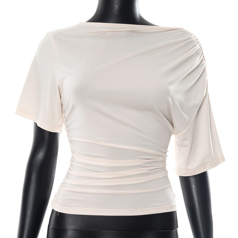 European And American Solid Color Off-neck Pleated Slim Vest T-shirt