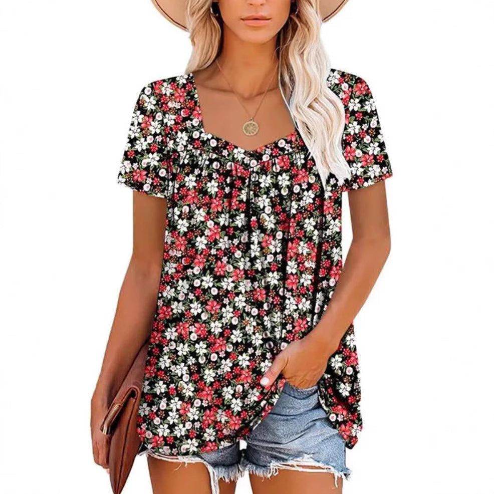 Women's Clothing Square Collar Short Sleeve Printed Loose T-shirt