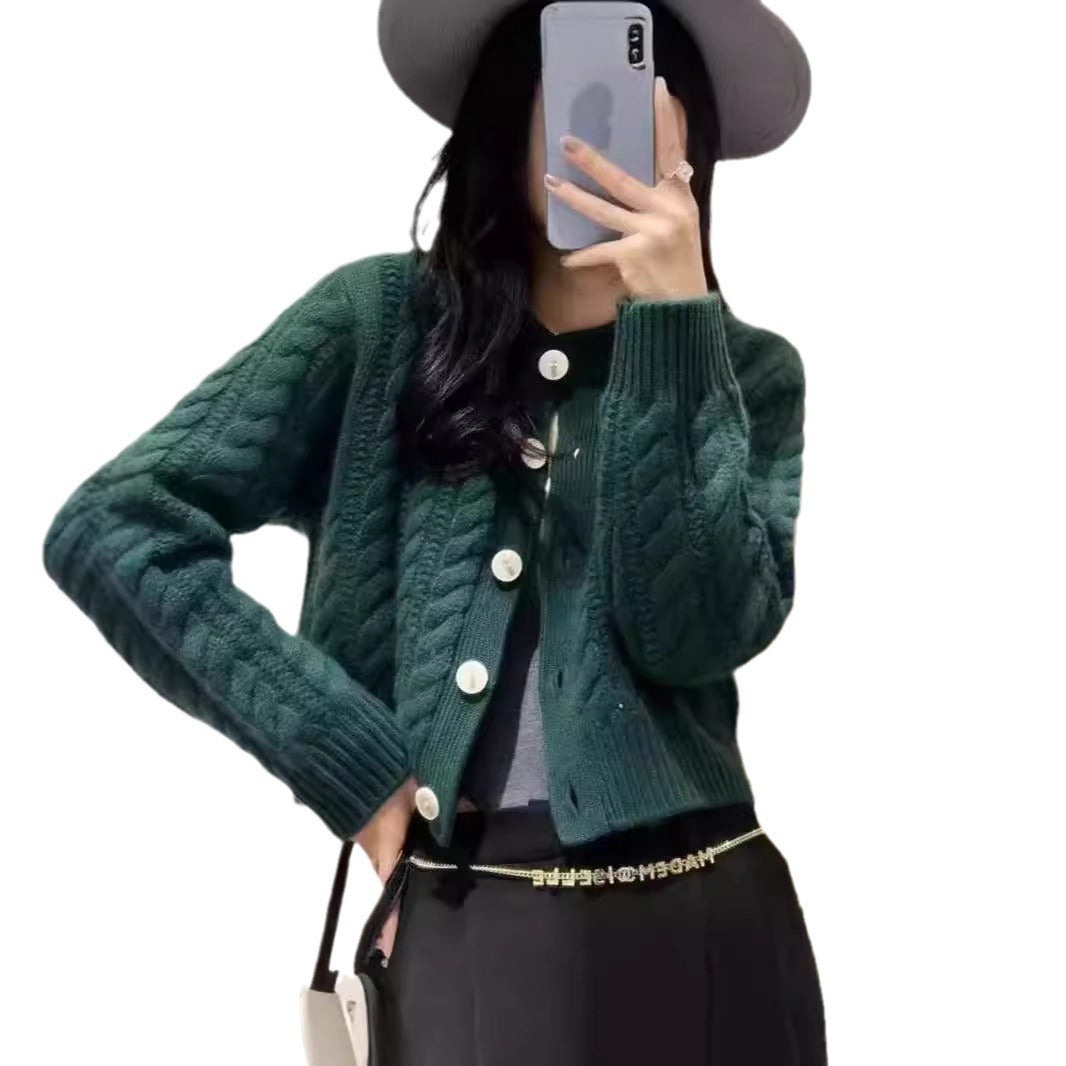 High Waist Thickened Round Neck Twist Soft Glutinous Knitted Cardigan Sweater