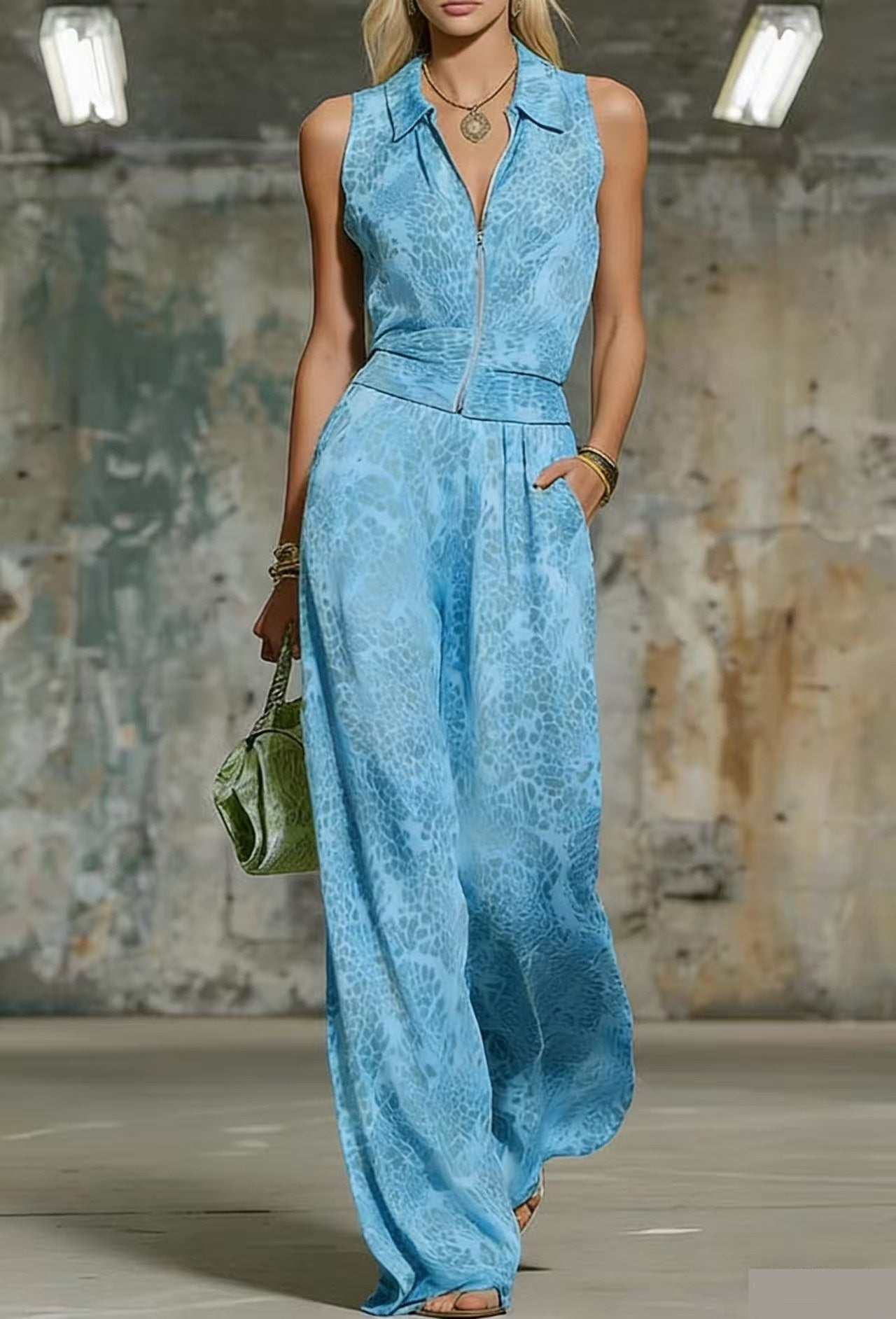 Printed Zip-up Sleeveless Jumpsuit