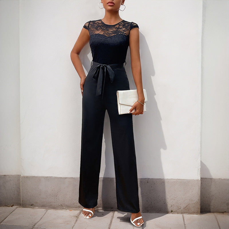 Lace Stitching Sleeveless Jumpsuit High Waist