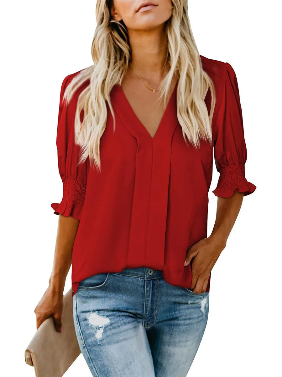 V-neck Short Sleeve Loose Comfortable Fashion Summer Solid Color Small Shirt European And American Style