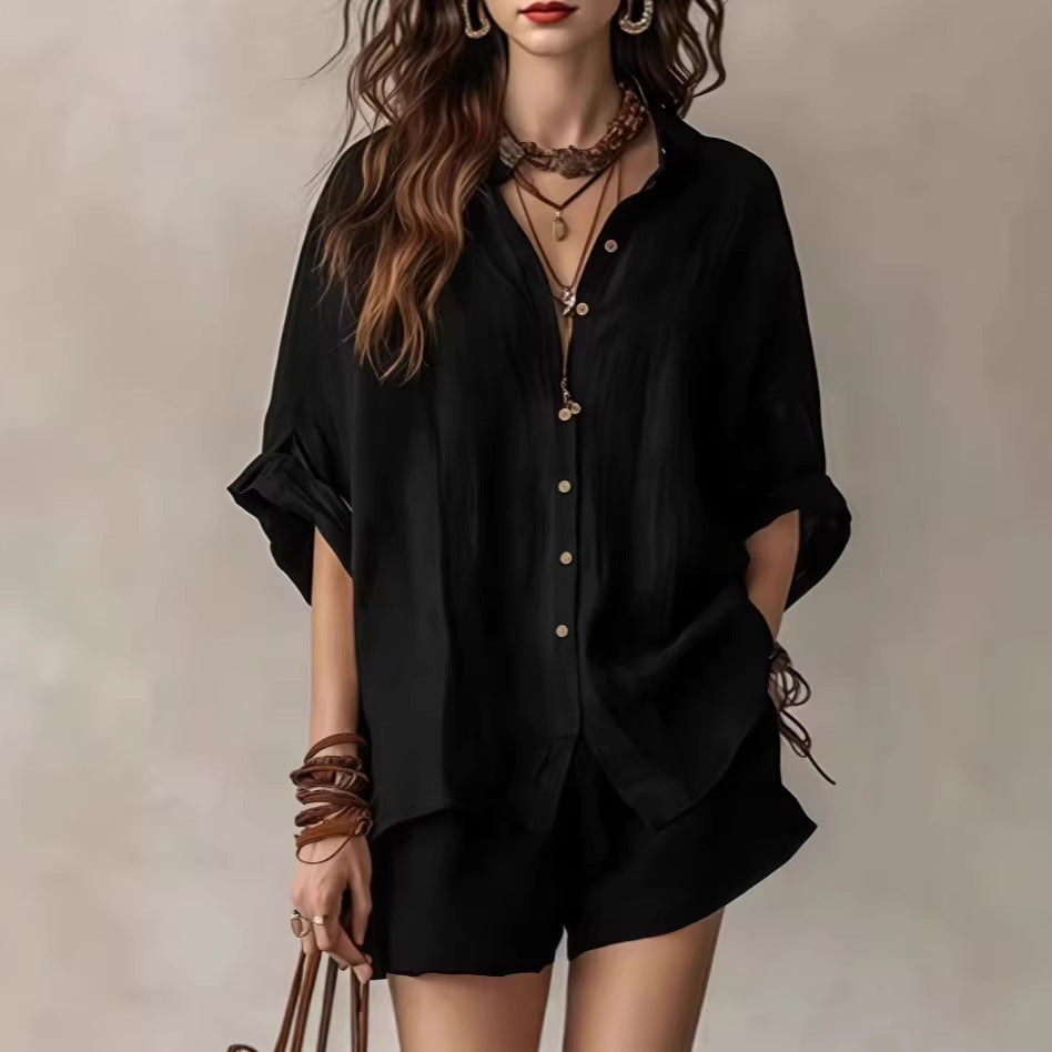 Womens Casual Two-Piece Set Shirt Shorts