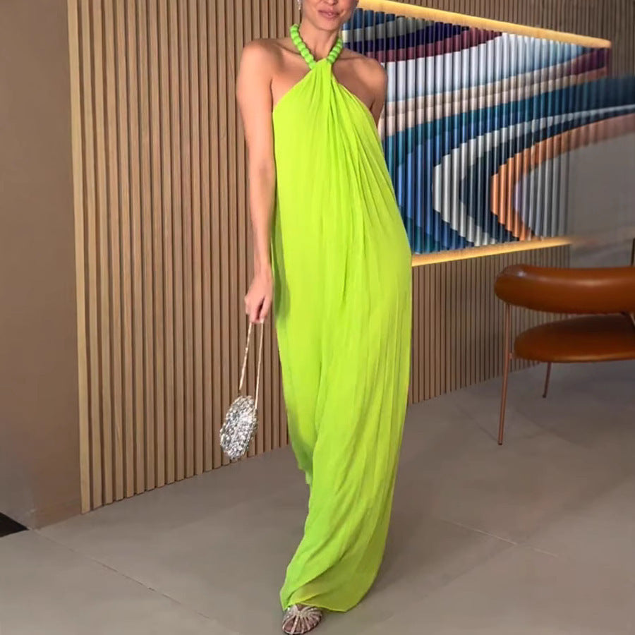 Spring And Summer Chiffon Pleated Halter Dress