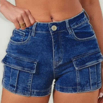 Solid-Color High-Waist Slim-Fit Denim Shorts