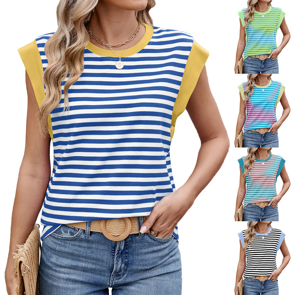 Striped Contrast Color Round Neck Loose Short Sleeves