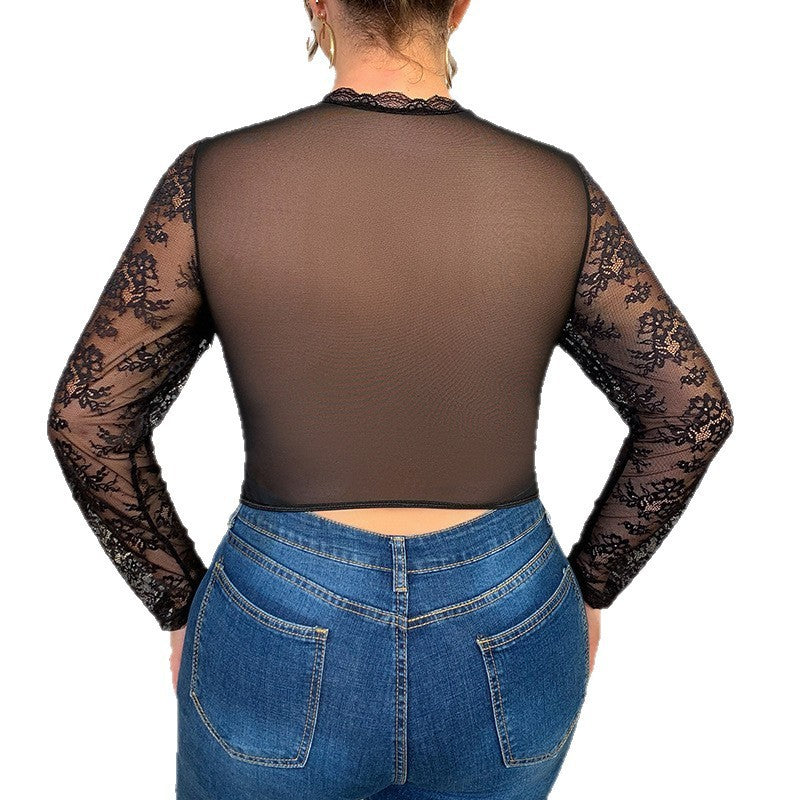 Lace Mesh Patchwork Lace Sexy Cutout See-through Fishbone Steel Ring Top