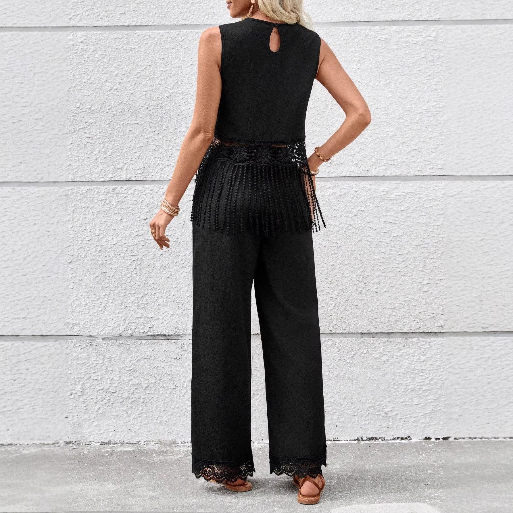 Resort-style Lace Tassel Sleeveless Vest And Wide-leg Pants