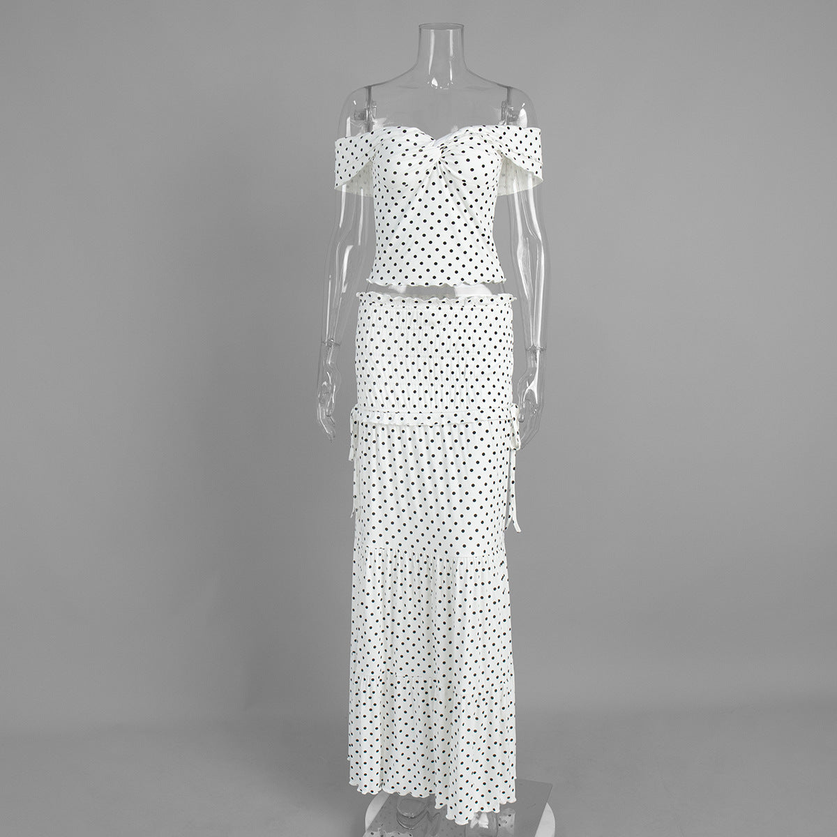 Polka Dot Skirt Set Cold Shoulder Top With A Boat Neckline And A Pleated Midi Skirt