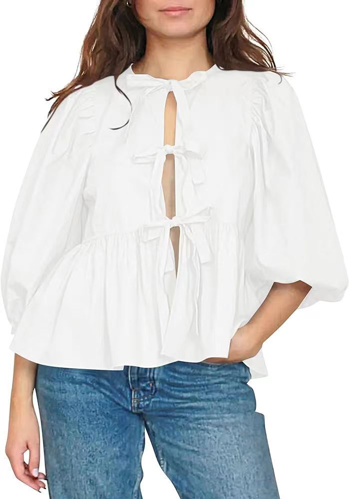 Spring And Summer New Women's Sweet And Casual Round Neck Bubble Sleeve Tied Striped Shirt