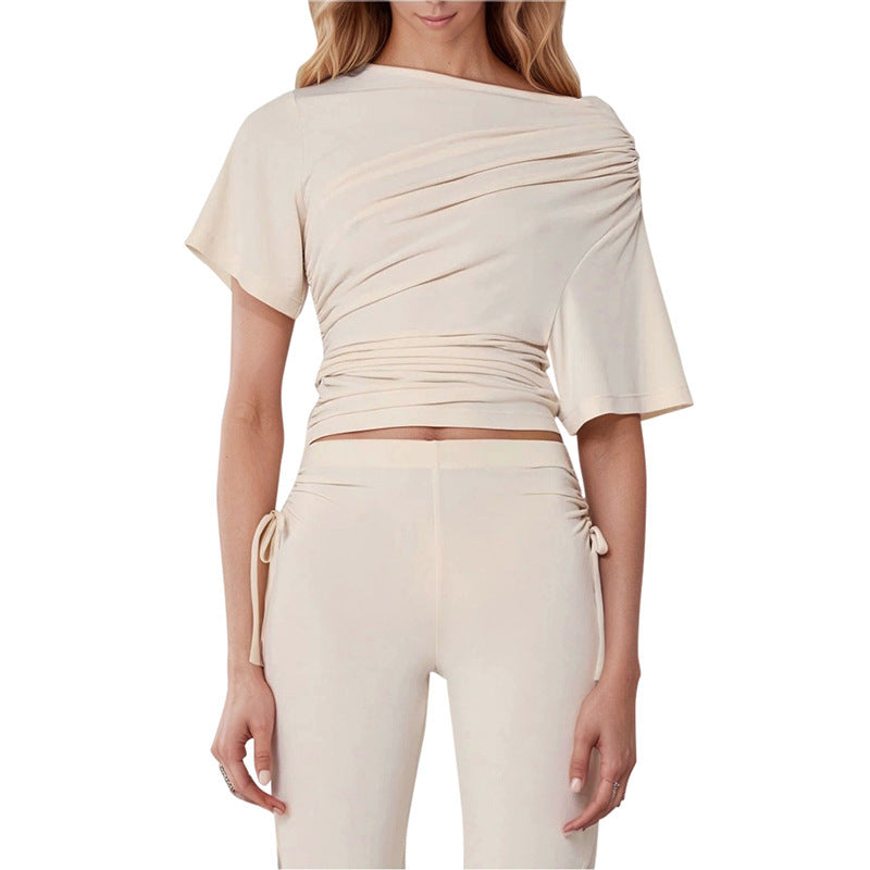 European And American Solid Color Off-neck Pleated Slim Vest T-shirt