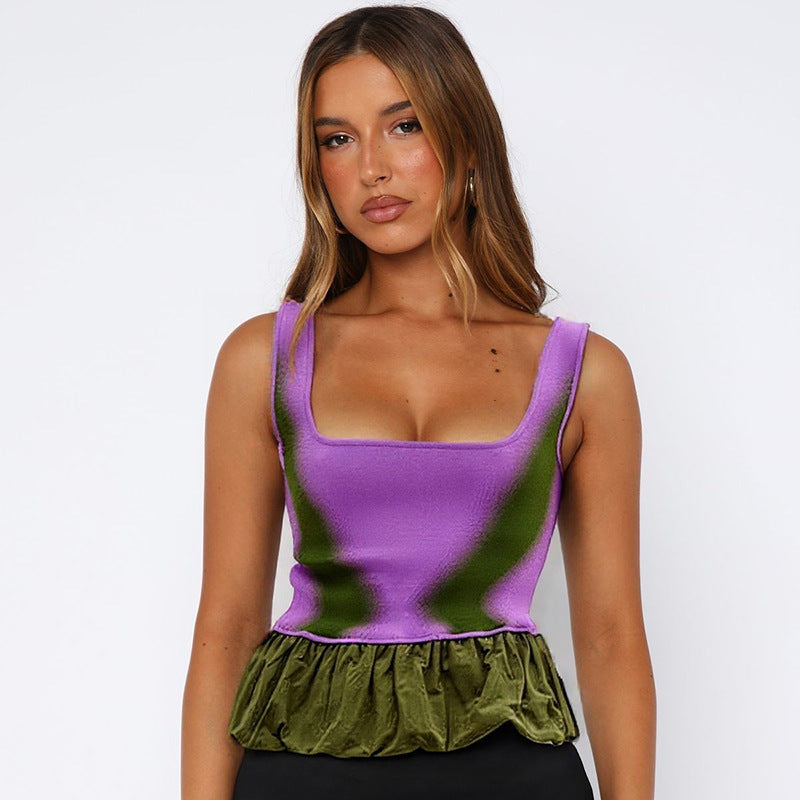 European And American U-neck Contrast-color Ruffled Sexy Vest T-shirt For Women