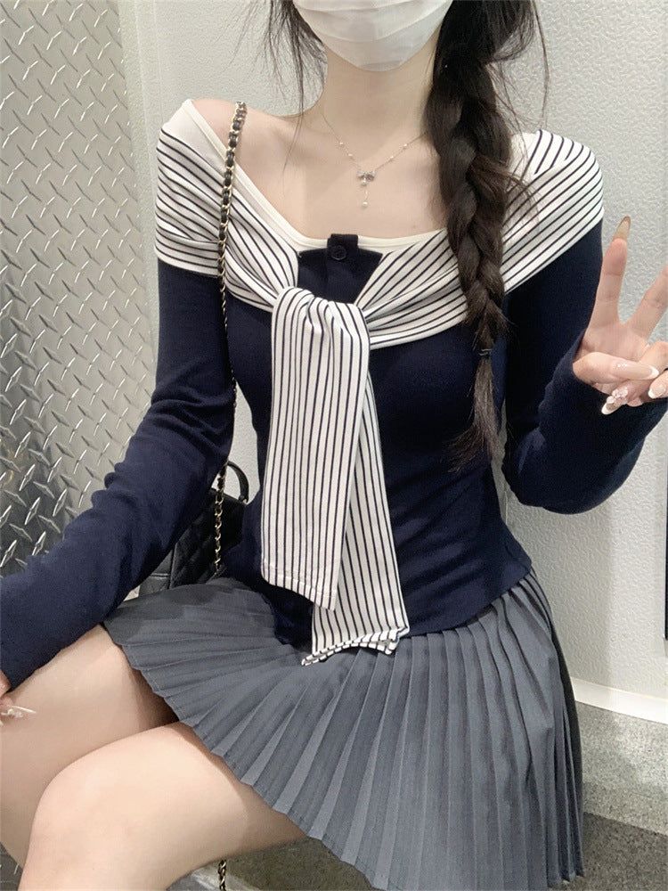 Fashion Striped Lace-up Long Sleeve T-shirt Women