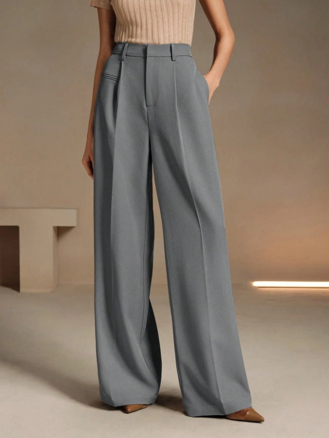 Womens High-Waisted Versatile White Straight-Leg Suit Pants