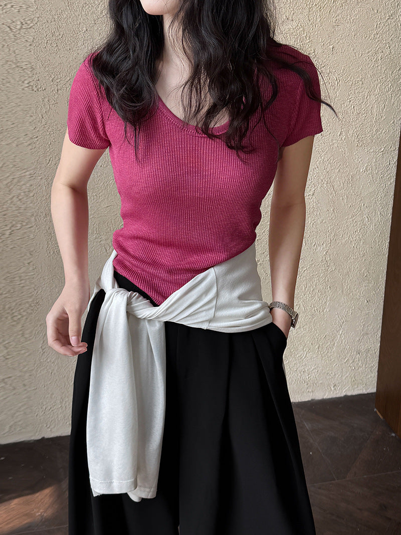 U-neck Shoulder Short Sleeved Women's Summer New Style Waist Cinching Slimming T-shirt