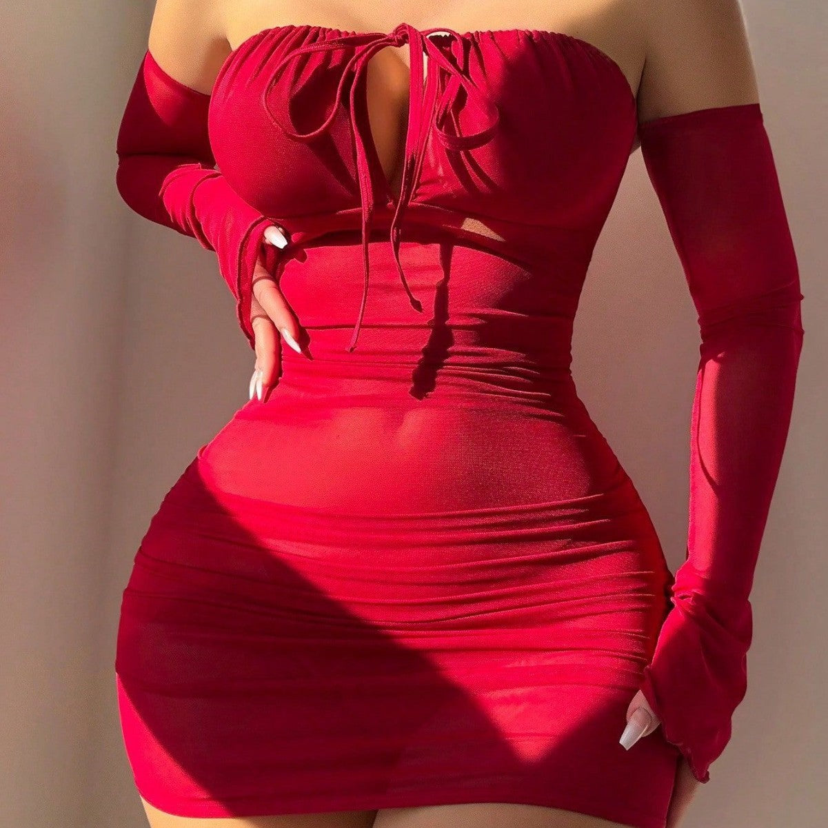 Off-neck Wrapped Chest Lace-up Hip Skirt Bell Sleeve Underwear Suit