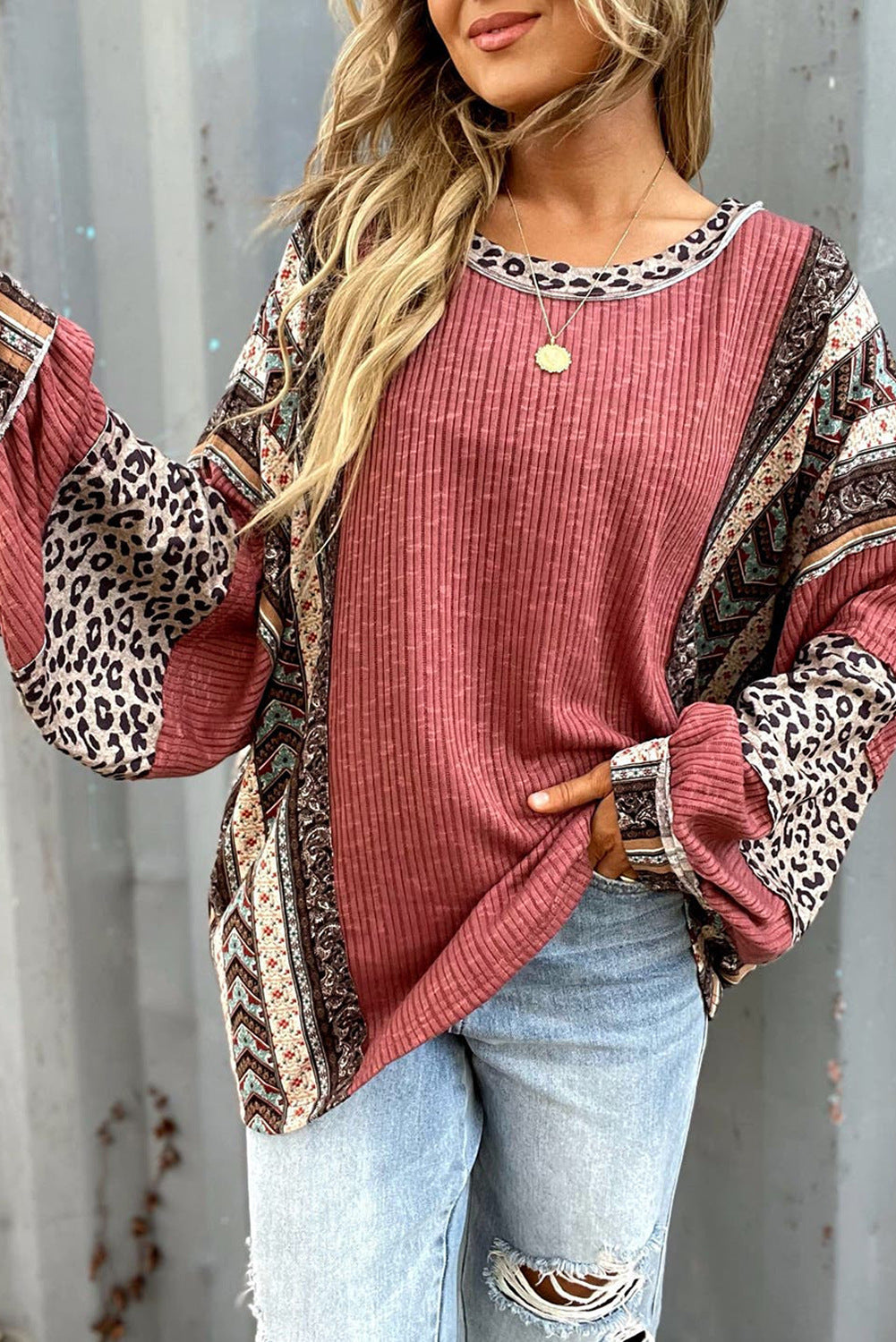 Women's Casual Shirt Contrast Color Striped Round Neck Sleeve Loose Sweater