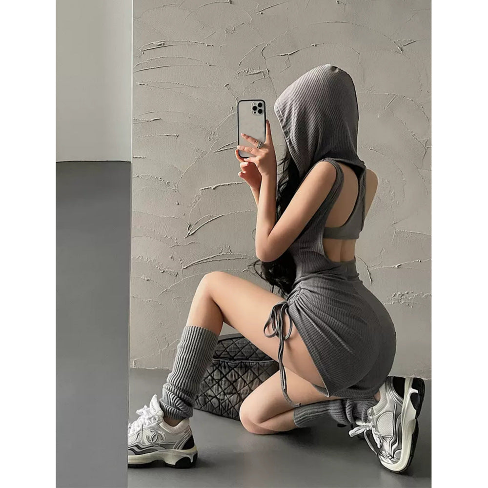 Hooded Drawstring Slim Sleeveless Backless Fitness One-piece Shorts