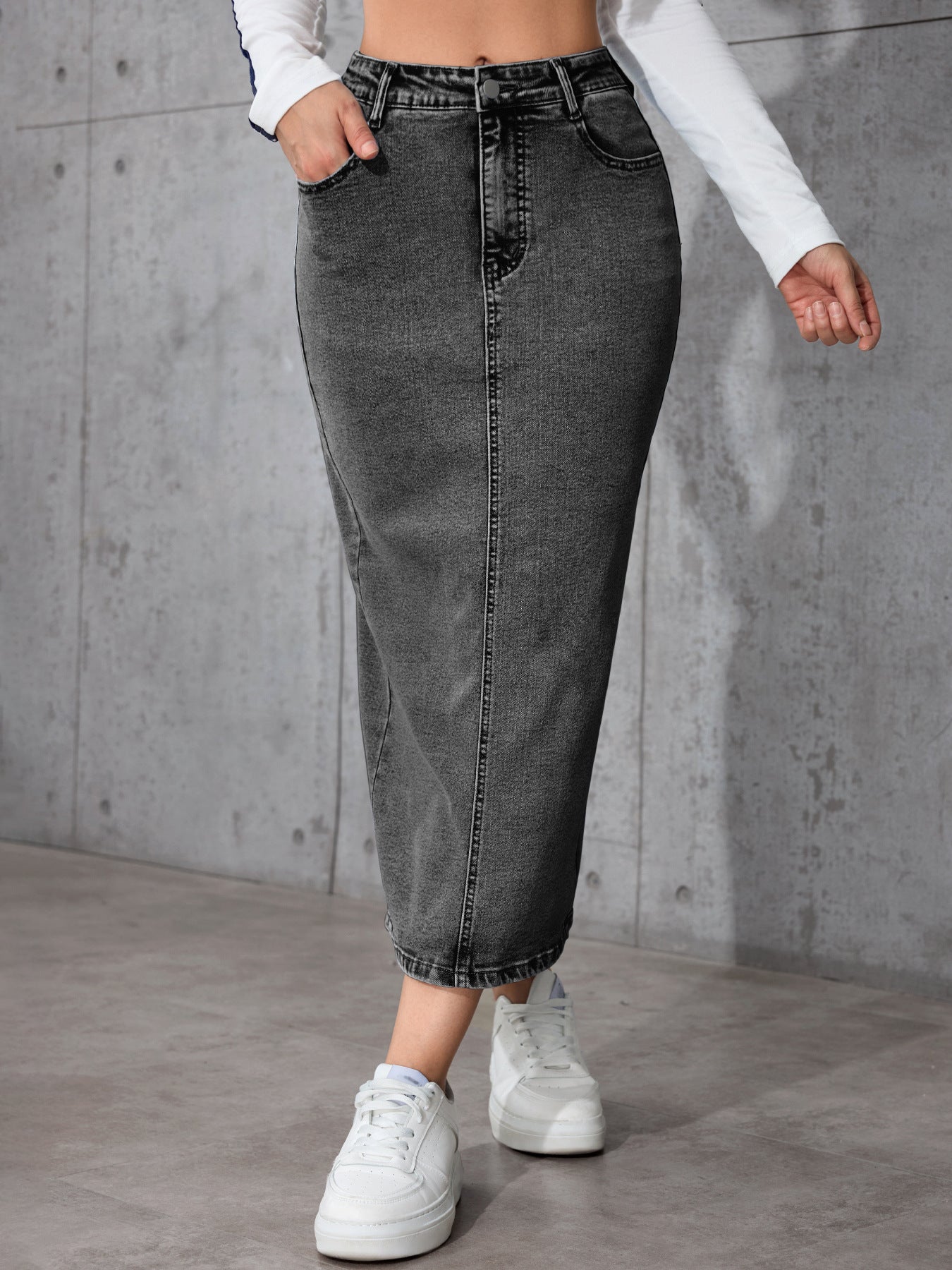 Womens Solid-Color High-Waist Plus-Size Split Pencil Skirt