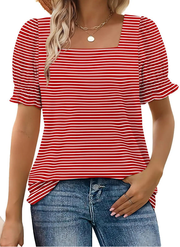 Fashion Simple U-neck Petal Sleeve Loose T-shirt