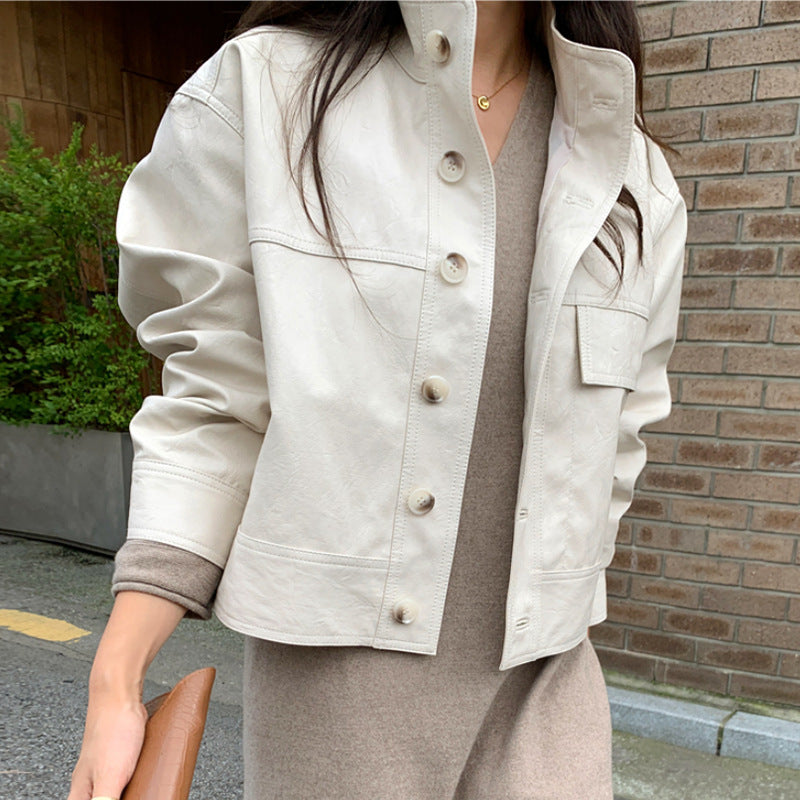 Autumn Simple Versatile Stand Collar Single-breasted Loose Long Sleeve