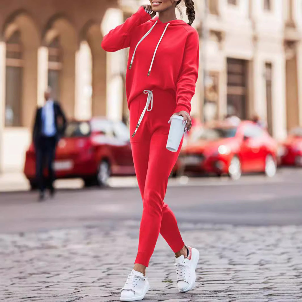 Hoodie With Drawstrings High Waist Trousers Casual Sweatshirt Two-piece Suit