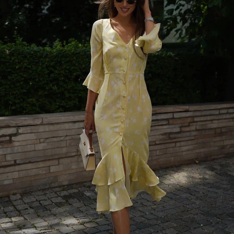 Asymmetric V-neck Flared Sleeves Floral Dress