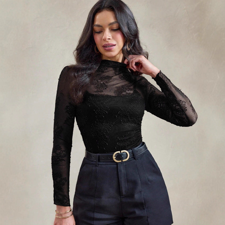 Womens Lace Base Top Tight-Fitting Long-Sleeve Mesh Top
