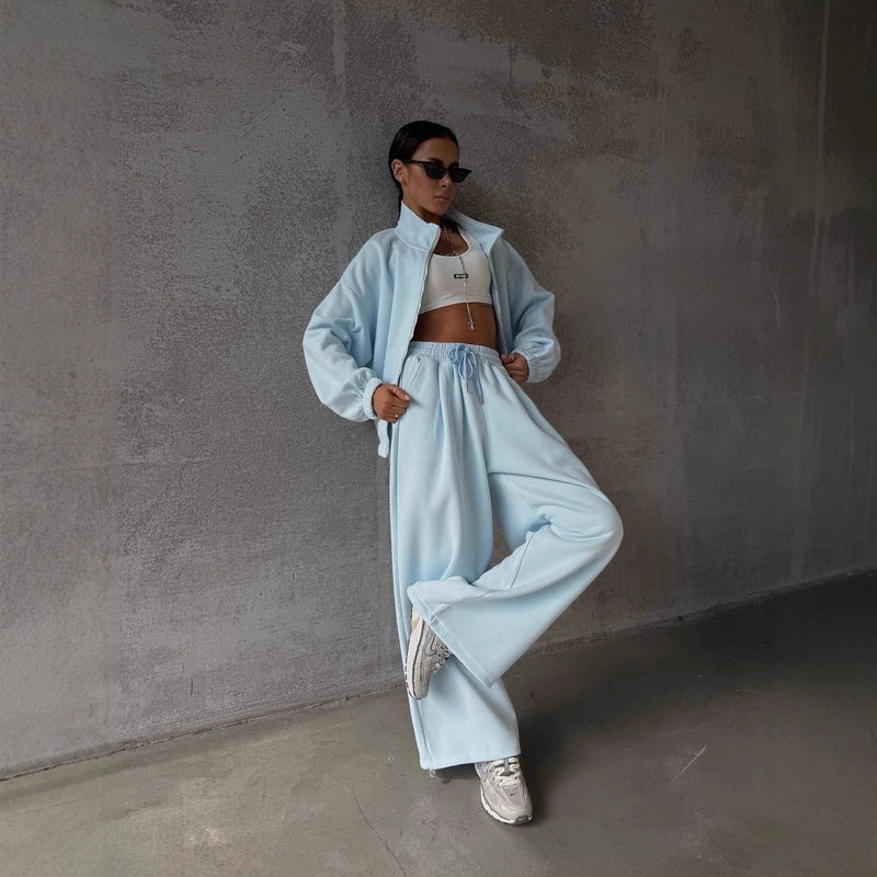 Casual Sports Suit Cardigan Wide Leg Sweatpants For Women