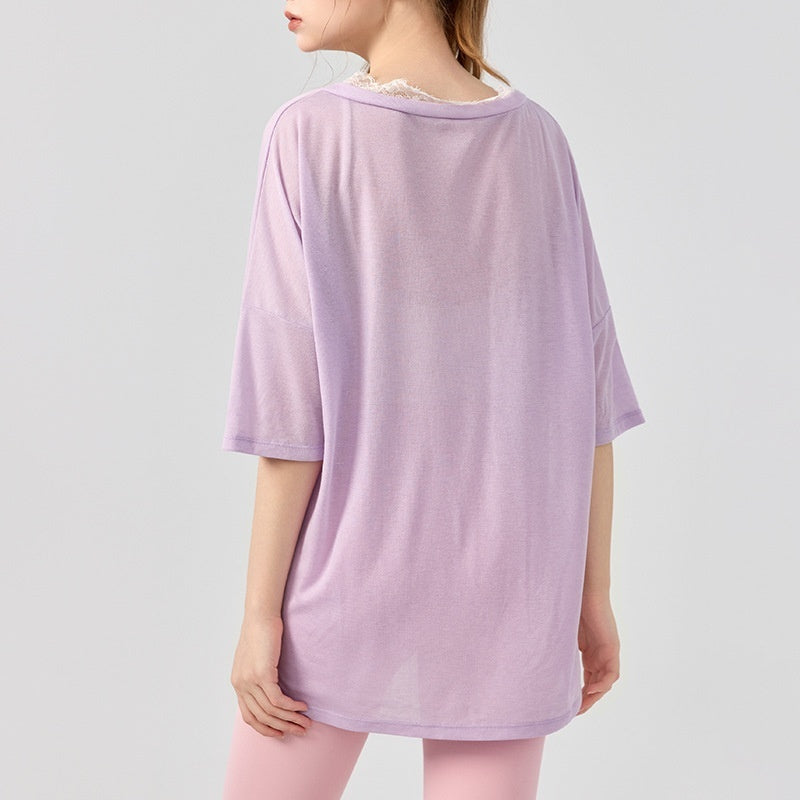 Pilates Yoga Clothes V-neck Lace Solid Color Short Sleeve Blouse