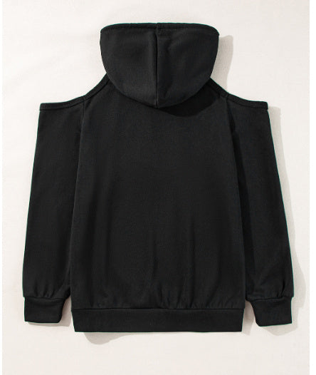 Black Exposed Seam Cold Shoulder Drawstring Hoodie