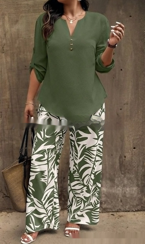 Ladies V-neck Shirt Tropical Plants Printed Pants Suit