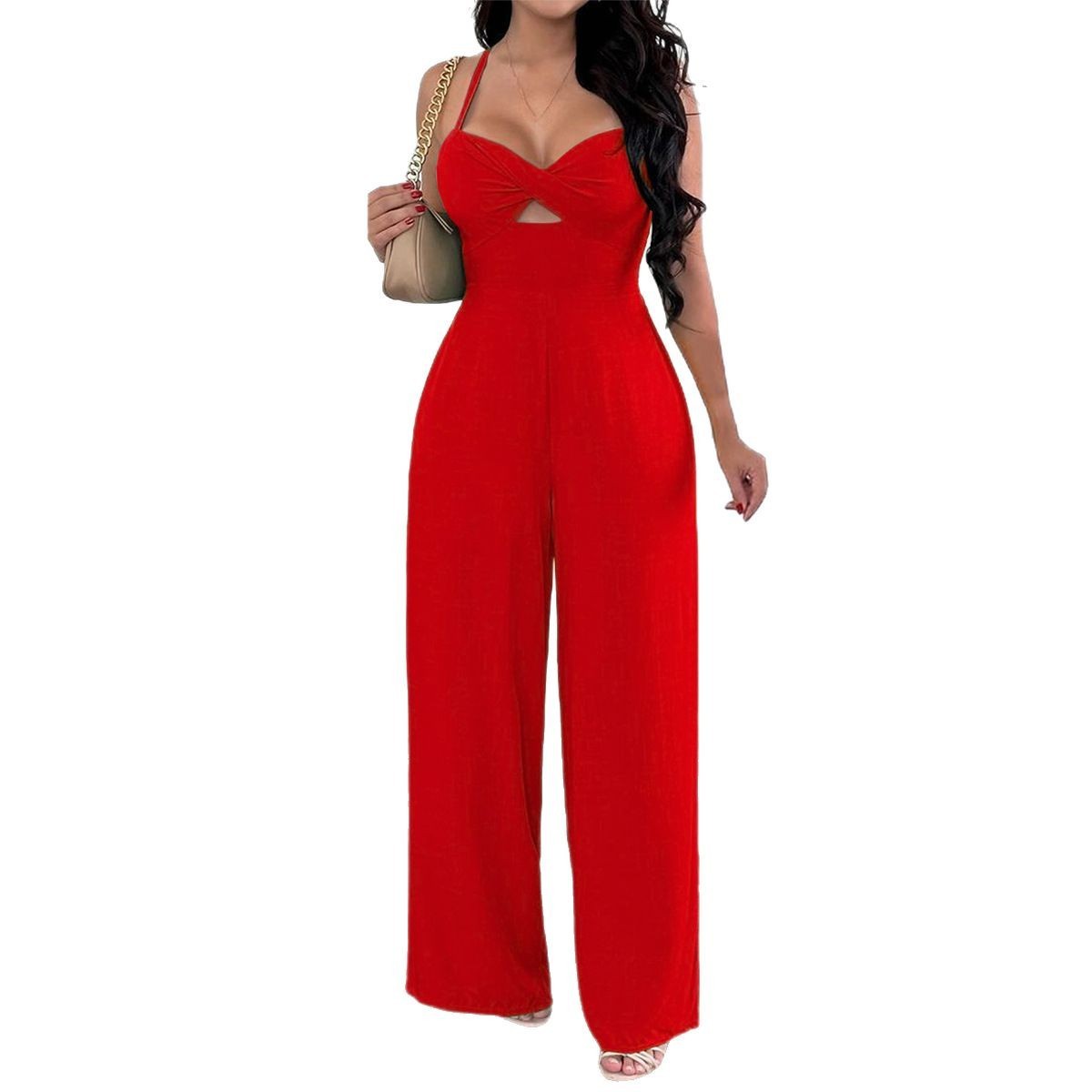 Leisure Vacation Commute Style Solid Color Sling Wide Leg Jumpsuit For Women