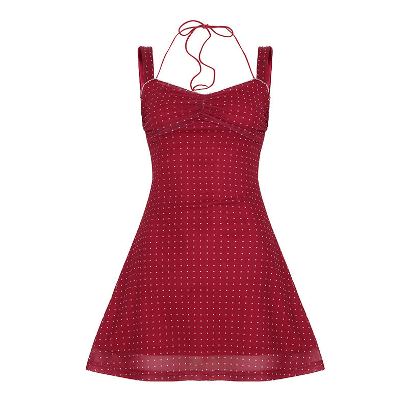 French Polka-dot Self-tie Mesh Dress Women